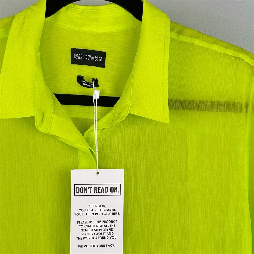 Wildfang The Empower Sheer Button-Up Shirt Womens Neon Yellow Lime - Picture 6 of 8